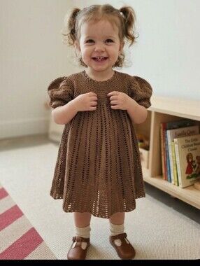 Vtg Brown Hand Crocheted Dress Sz Toddler 1-2